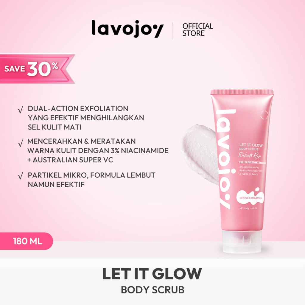 [NEW LAUNCH] Lavojoy Let It Glow Body Scrub DELICATE ROSE 180ML | Body Scrub Untuk Mencerahkan & Meratakan Warna Kulit Dengan 3% Niacinamide + Australian Super VC | Dual-Action Exfoliation Menghasilkan Kulit Yang Lebih Halus Dan Lembut
