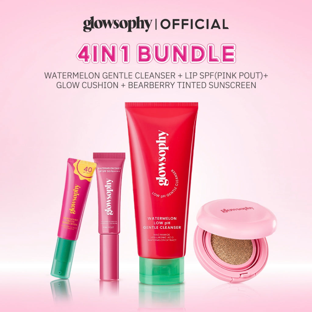 Glowsophy Bundle 4in1 Fresh & Flawless Set Low ph Cleanser + Glow Cushion + Lip SPF + Bearberry Tinted Sunscreen - Melindungi dari sinar UVB dan UVA, Pembersih Wajah