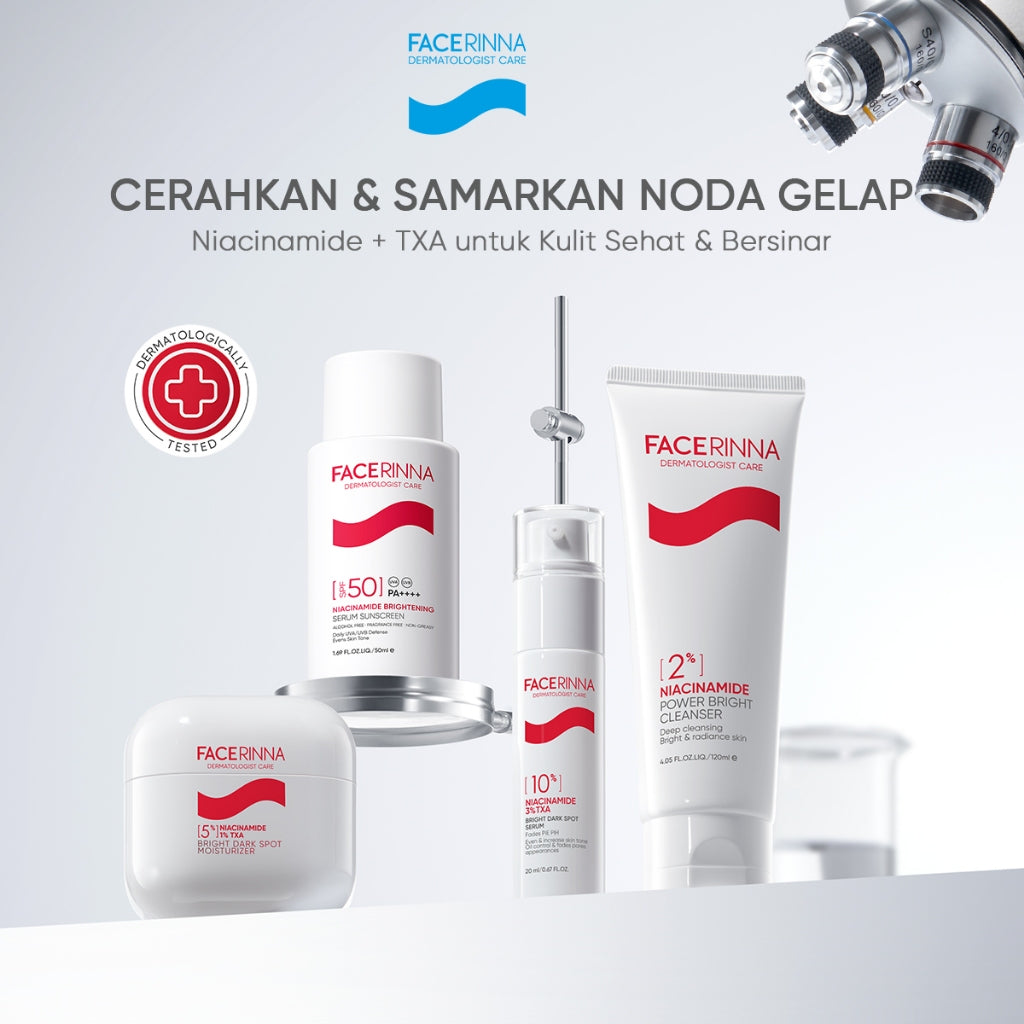 FACERINNA Dark Spot Brightening 4pcs/2pcs Skincare Set| Niacinamide TXA Evens Skin Brightening Deep Cleansing Proteksi UV Daily UV Defense Physical Sunscreen Menyerap Cepat Mencerahkan Fades Dark Spots Tone Up Cream Sunscreen Wajah Sunblock Kulit Berminya