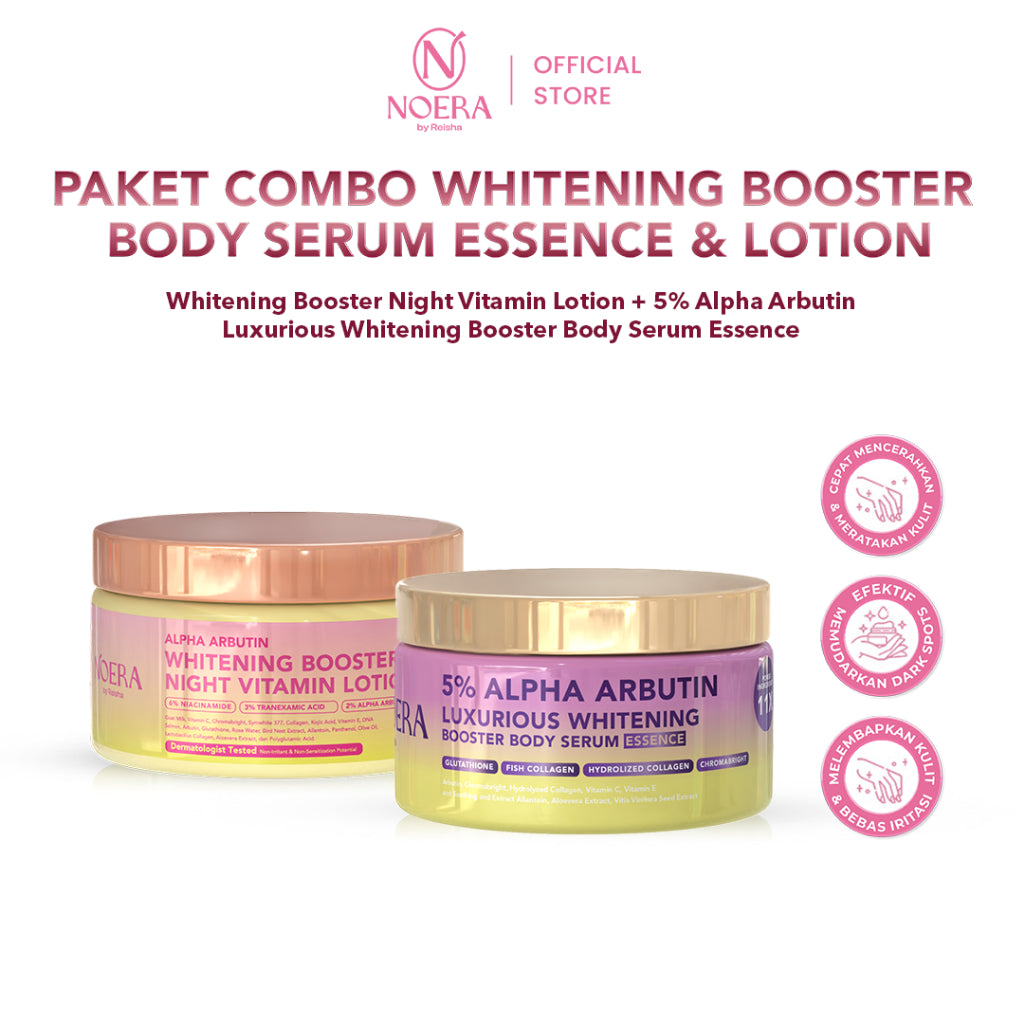 Paket Combo Whitening Booster Body Serum Essence & Lotion | Whitening Booster Night Vitamin Lotion & 5% ALPHA ARBUTIN Luxurious Whitening Booster Body Serum Essence