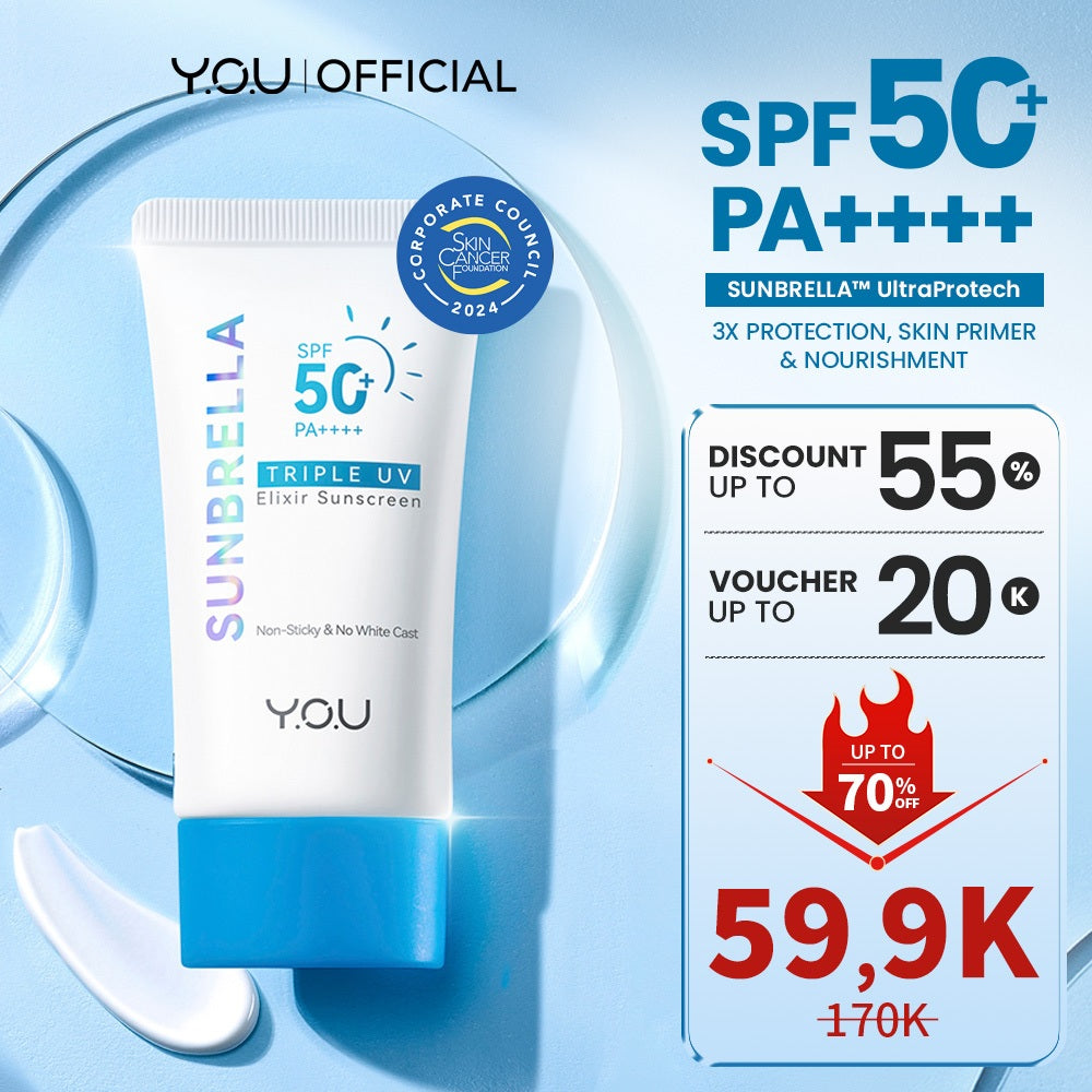 YOU Sunbrella Triple UV Elixir Sunscreen SPF50+ PA++++ Tabir Surya Oil Control untuk Kulit Berminyak UVA UVB Blue Light Oily Skin Sunbrella Sunscreen Paket 2in1 Skincare Bundle Triple UV 2 in 1 [Hot Selling]