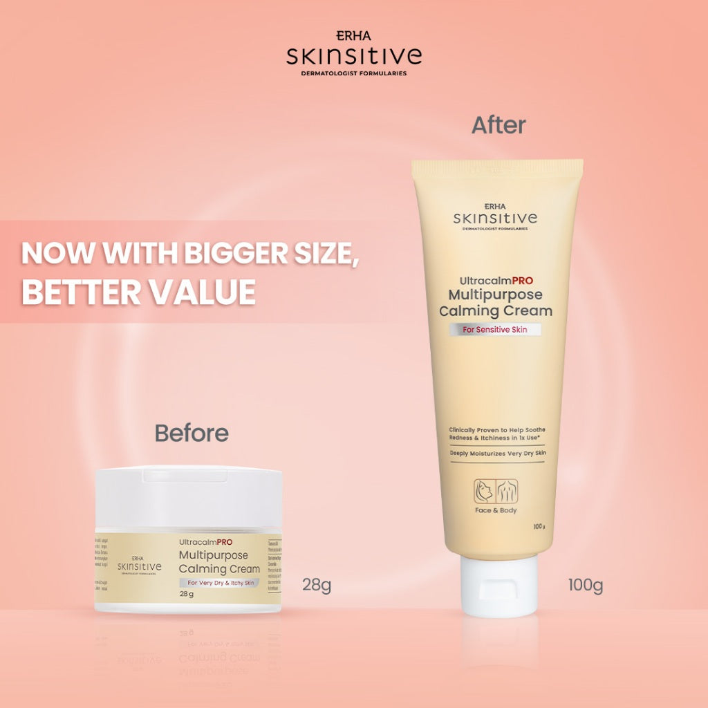 ERHA Skinsitive UltracalmPRO Multipurpose Calming Cream 100gr | Krim Multifungsi Untuk Semua Jenis Kulit (Normal, Kering, Sensitif, Iritasi) | Meredakan Gatal dan Kemerahan, Sunburn | Meredakan Eksim | Mencegah Stretchmark | Aman untuk Anak 3+