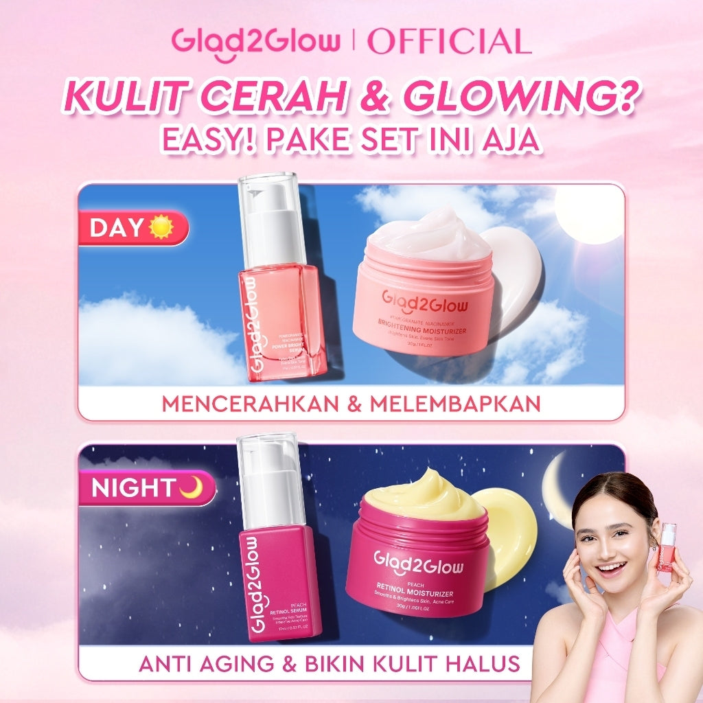 [ORDER NOW, HEMAT 30K]Glad2Glow Day & Night Renew Cerah Bundle Moisturizer+Serum Set Brightening 10%Niacinamide Peeling Eksfoliasi Retinol  tone up Pelembab Tubuh Kit Perawatan Kulit Hidrasi Delima Pelembab Wajah Pencerah Krim Gel g2glow official store