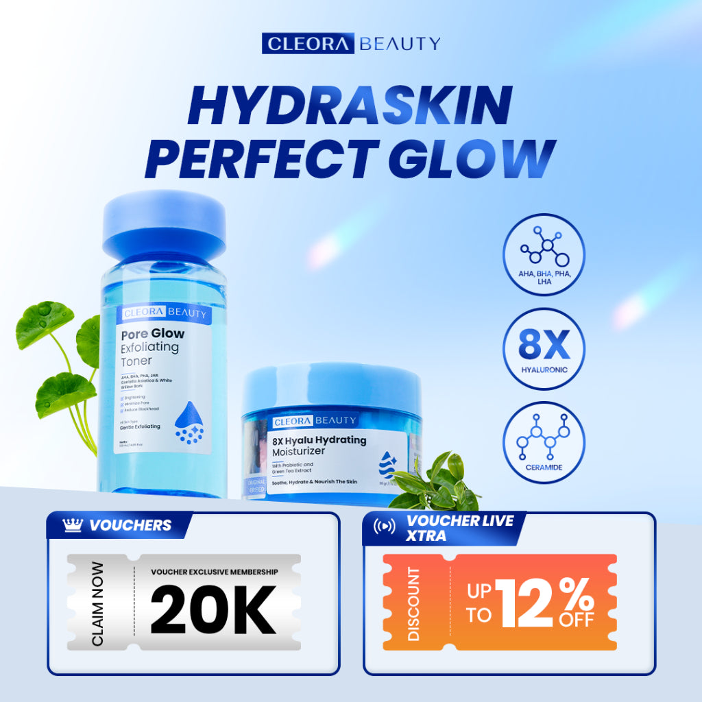 [COMBO HEMAT] Cleora Beauty Special Bundle Pore Glow Exfoliating Toner + Cleora 8x Hyalu Hydrating Moisturizer Gel - 4X Power Exsfoliasi Wajah Mencerahkan & Meratakan Warna Kulit  Skincare Pemutih Wajah Mengurangi Komedo Paket Scincare Acne Wanita Pria