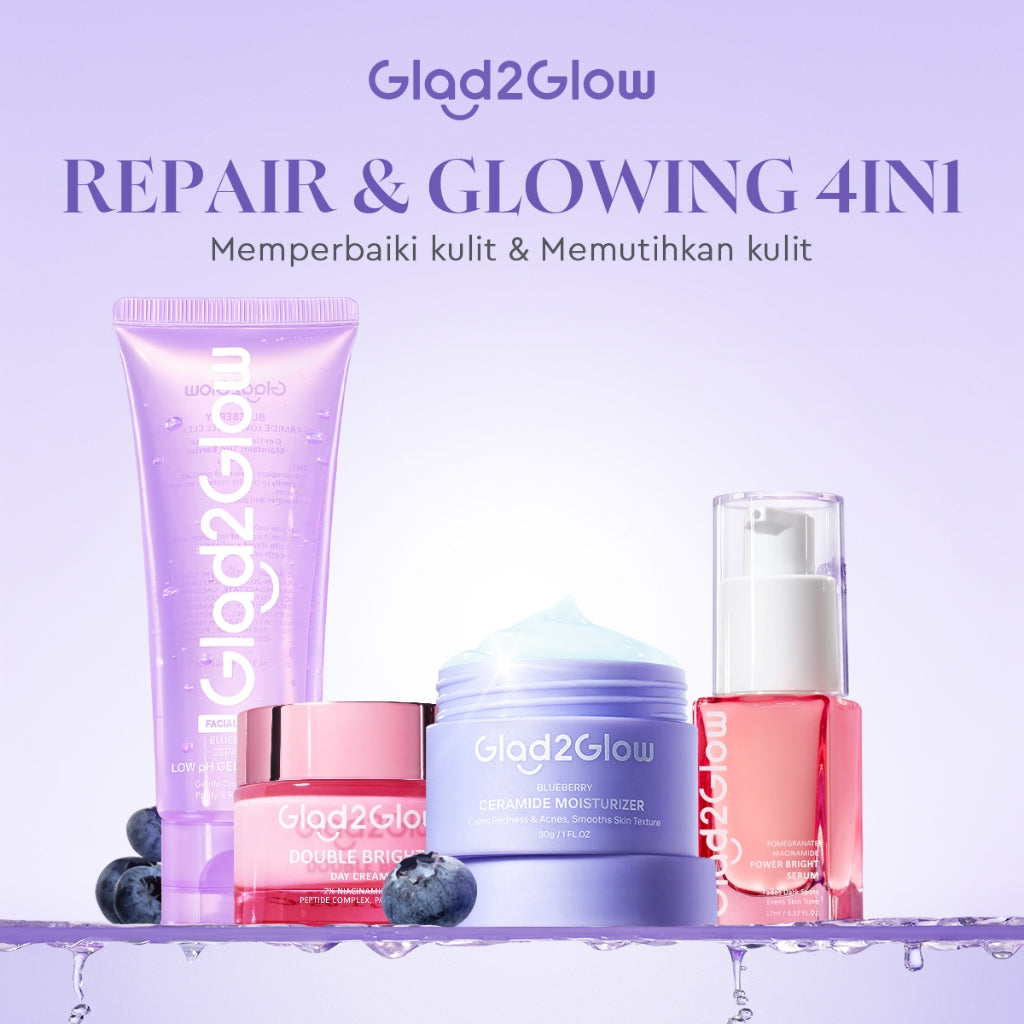 [SET REPAIR&GLOWING]Glad2Glow Glowing&Sehat&Lembap Bundle 4in1-Blueberry Moisturizer+Cerah Krim+Brightening Serum+Pulihkan cleanser+eksfoliasi Toner-skincare Beauty Sets&Packages cream pemutih wajah facial wash eksfoliasi wajah peeling