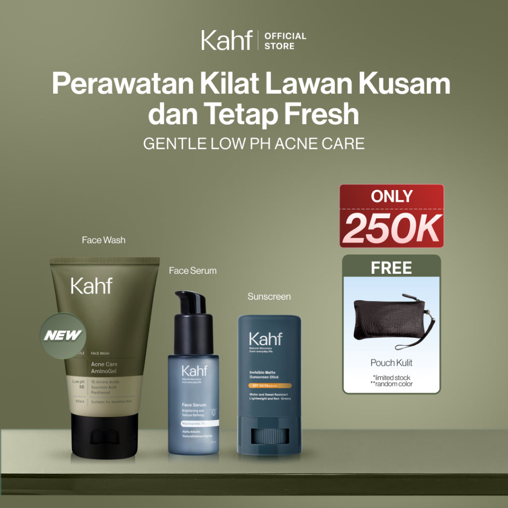 [KAHF BUNDLE 3IN1 PAKET PERAWATAN WAJAH : SKINCARE HEMAT WAKTU UNTUK COWOK YANG MAU BEBAS KUSAM] Paket Perawatan Kilat Lawan Kusam & Tetap Fresh (Face Wash + Serum + Sunscreen Stick) - Suitable for Daily Use