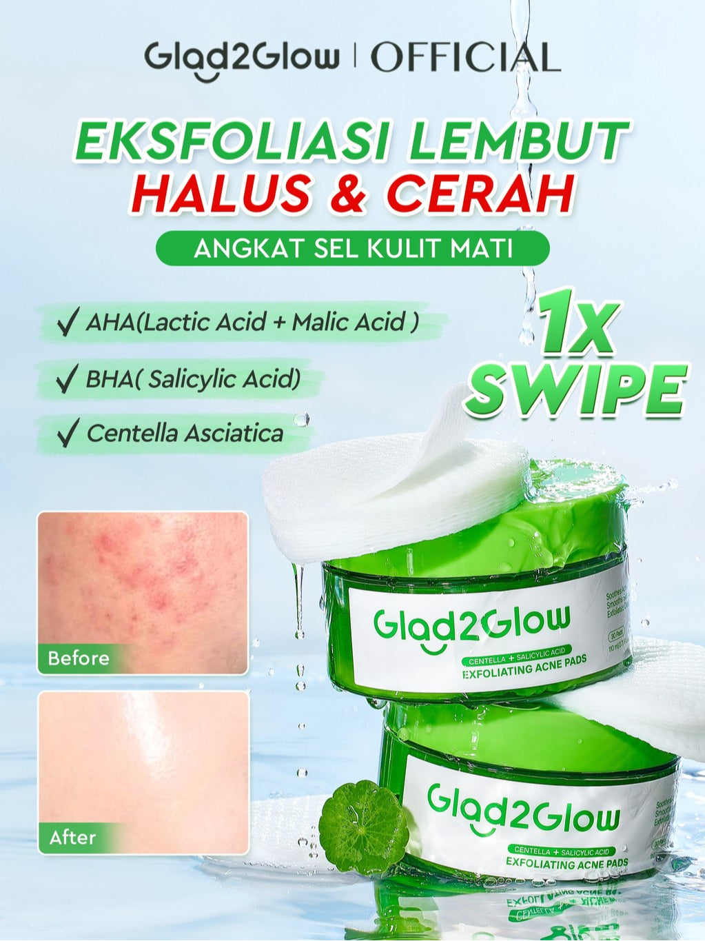 Glad2Glow Centella Salicylic Acid Exfoliating Acne Toner Pads Gentle Eksfoliasi Kulit Jerawat Kulit Sensitif (30 pads) Centella Pads Lactic Acid Malic AHA BHA Peeling Serum Acne Spot Serum Cica Acne Clear Pad Treatment Jerawat exfoliasi wajah obat jerawat