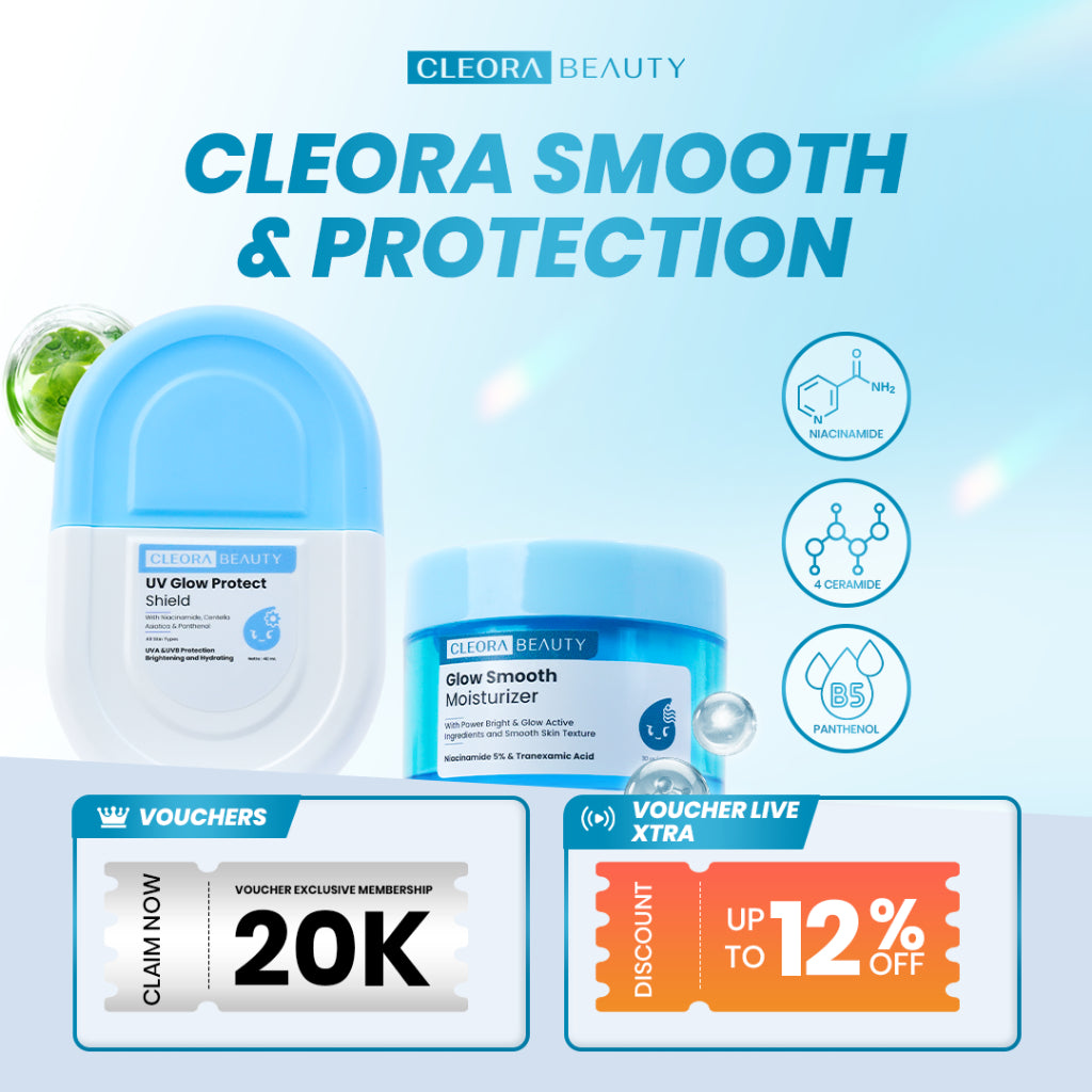 [2IN1 HEMAT] Cleora Bright & Protect - Glow Smooth Moisturizer Dan UV Glow Protect Sunscreen Skincare Pelembab Muka Kering Kusam Mencerahkan Dark Spot Whitening Sunblock Sun Screen Melindungi Dari Sinar Matahari UVA UVB Brightening Day Cream Wanita Pria