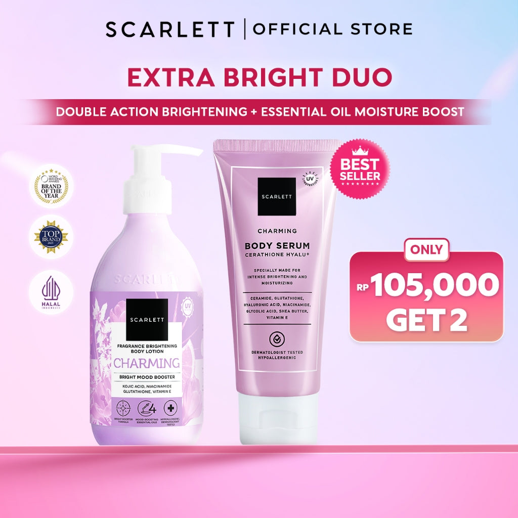 SCARLETT Bundle Intense Brightening AHA Body Serum + Fragrance Brightening Body Lotion Bright Mood Booster 5% AHA BHA PHA +4 Essential Oils 3x Brightening Power | Intense Membantu Mencerahkan Kulit Meratakan Warna Kulit Menenangkan Wangi Tahan Seharian