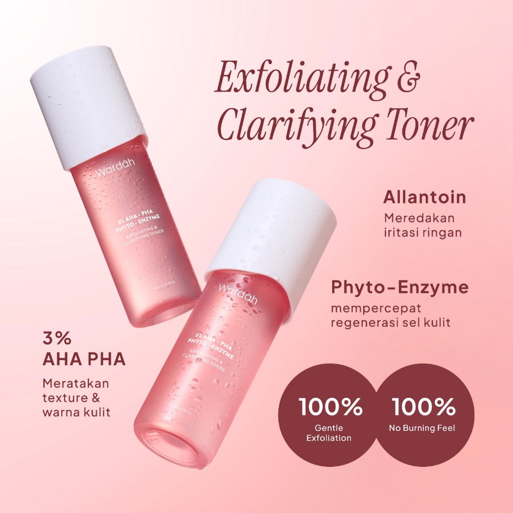 NEW! Wardah 3% AHA-PHA Phyto-Enzyme Exfoliating & Clarifying Toner 100 ml-Mengangkat Sel Kulit Mati, Mencerahkan dan Melembukan Kulit Tanpa Sensasi Cekit-Cekit dan Tanpa Sensasi Terbakar - Skincare