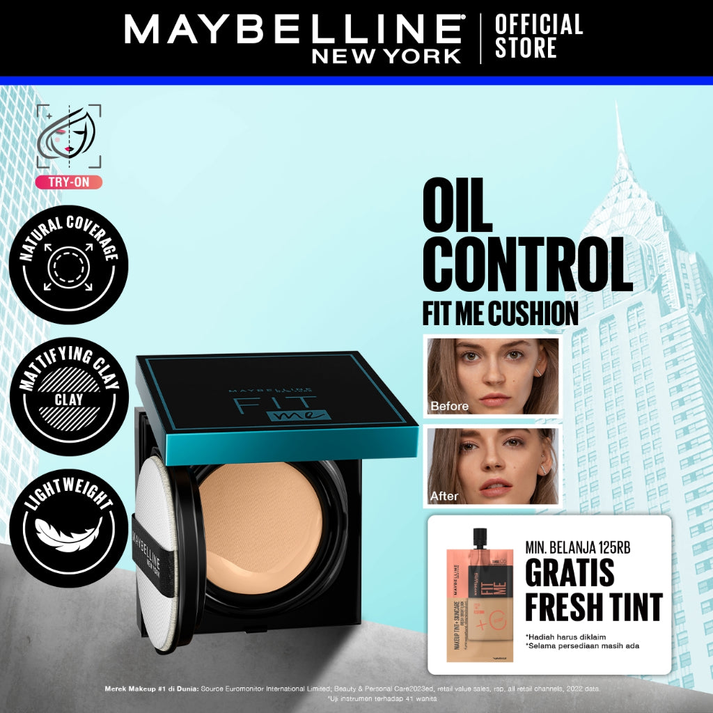 MAYBELLINE OFFICIAL Fit Me Matte+Poreless Cushion Foundation 14gr - Makeup Ringan Full Coverage Oil Control tahan hingga 20HR