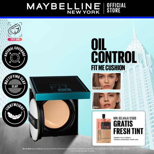 MAYBELLINE OFFICIAL Fit Me Matte+Poreless Cushion Foundation 14gr - Makeup Ringan Full Coverage Oil Control tahan hingga 20HR