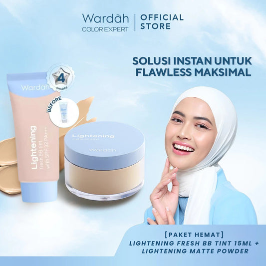 [PAKET BEDAK NATURAL] WARDAH Lightening Fresh BB Tint 15ml + Lightening Matte Powder 20g - Bedak Tabur dengan Smooth Matte Finish SPF 20 PA dan Serum Niacinamide, Flawless, Base Makeup Super Ringan Cushion Foundation TWC Tahan Air Tahan Lama - Makeup
