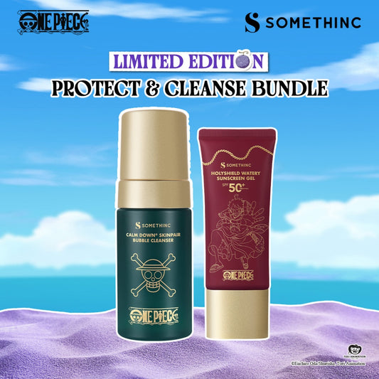 SOMETHINC [2 PCS] One Piece Limited Edition PROTECT & CLEANSE BUNDLE (Calm Down Bubble Cleanser, Holyshield Watery Sunscreen Gel SPF 50+ PA++++ )