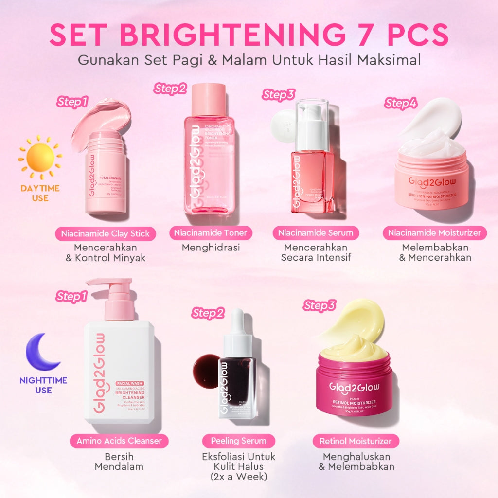 [Cocok Untuk Pemula] Glad2Glow Cerah Glowing Bundle all in 1 7in1-Brightening Moisturizer+Serum+Cleanser+toner+Peeling solution+Retinol 10%Niacinamide skincare paket pembersih perawatan kulit mencerahkan warna kulit pelembab wajah g2glow official store