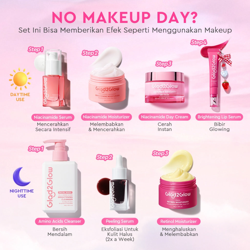[Cocok Untuk Pemula] Glad2Glow Cerah Glowing Bundle all in 1 7in1-Brightening Moisturizer+Serum+Cleanser+toner+Peeling solution+Retinol 10%Niacinamide skincare paket pembersih perawatan kulit mencerahkan warna kulit pelembab wajah g2glow official store