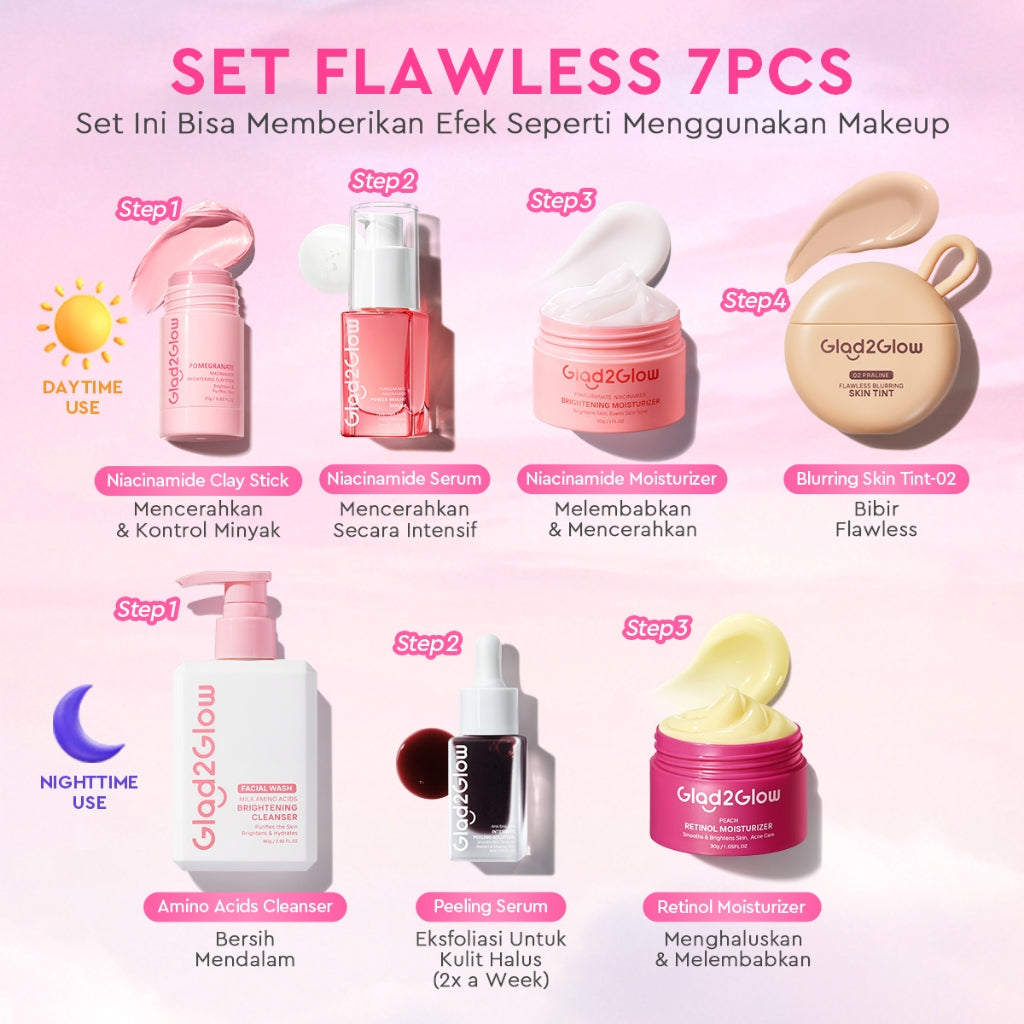 [Cocok Untuk Pemula] Glad2Glow Cerah Glowing Bundle all in 1 7in1-Brightening Moisturizer+Serum+Cleanser+toner+Peeling solution+Retinol 10%Niacinamide skincare paket pembersih perawatan kulit mencerahkan warna kulit pelembab wajah g2glow official store
