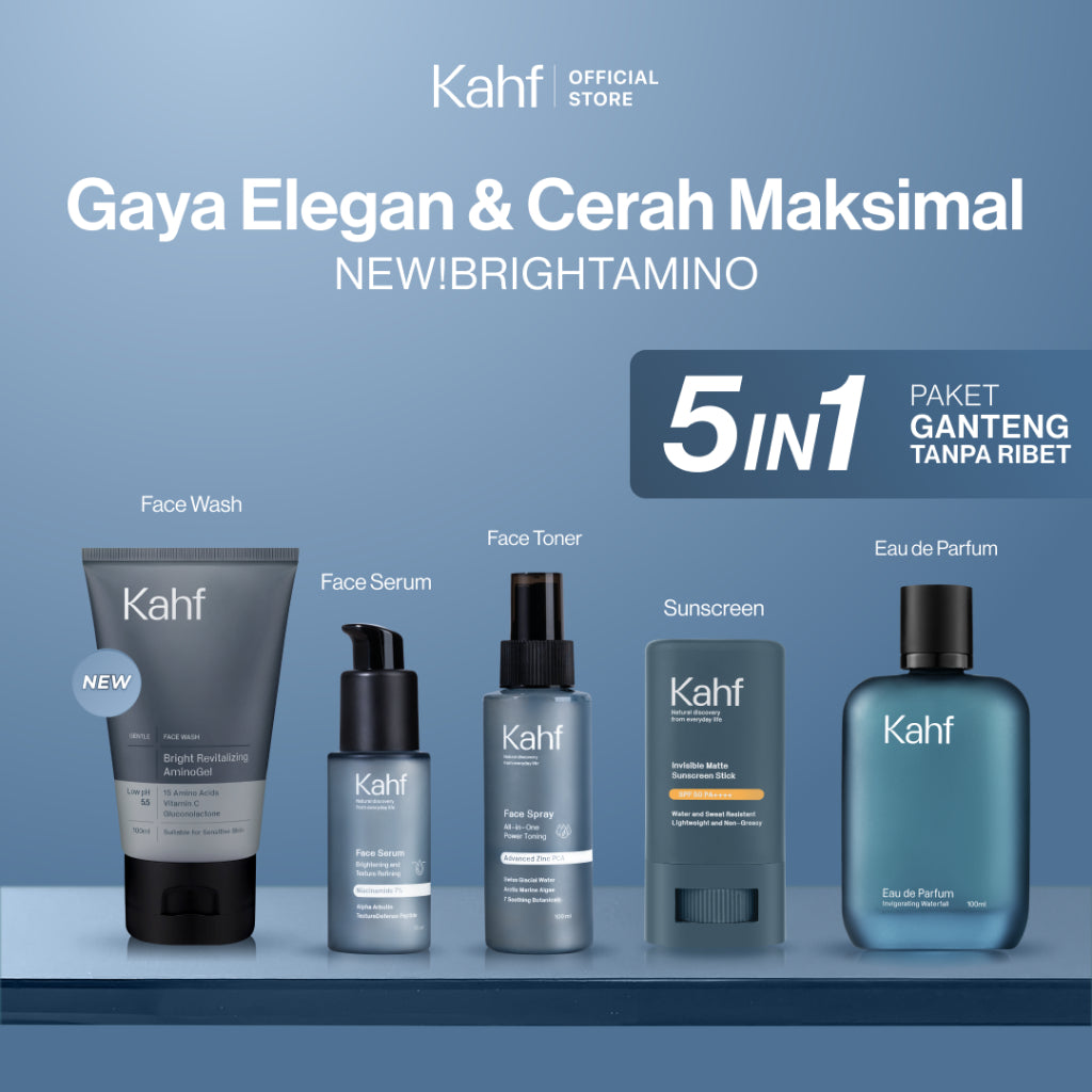 [KAHF BUNDLE 5IN1 PAKET GANTENG TANPA RIBET : GAYA ELEGAN & CERAH MAKSIMAL] Paket Complete Set (Face Wash + Toner + Serum + Sunscreen Stick + Eau de Toilette) - Suitable for Daily Use