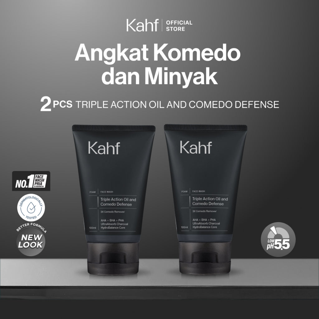 Twin Pack Kahf Face Wash Triple Action Oil and Comedo Defense 100 ml - 2 pcs Sabun Cuci Muka Pria Anti Komedo dan Kulit Berminyak - Suitable for Daily Use