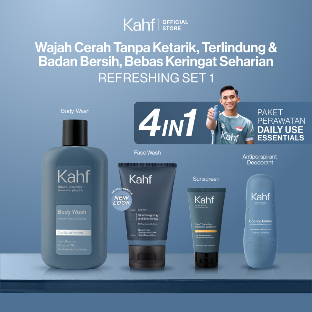 [PAKET CHAMPION RACING CARE - KAHF BUNDLE 4IN1 PAKET PERAWATAN DAILY USE ESSENTIALS : WAJAH CERAH & BADAN ANTI BAU] Paket Personal Care (Face Wash + Sunscreen Moisturizer + Body Wash + Deodorant) - Suitable for Daily Use