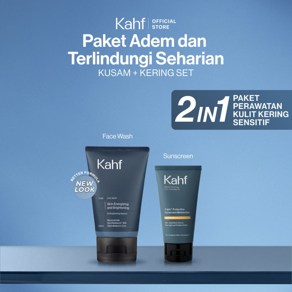 [SPECIAL KAHF DECODE : PAKET PERAWATAN KULIT KERING SENSITIF] Paket Adem & Terlindungi Seharian (Face Wash + Sunscreen) - 2in1 Bundle untuk Menenangkan Kulit Kering/Sensitif & Tetap Terlindungi dari Matahari - Suitable for Daily Use
