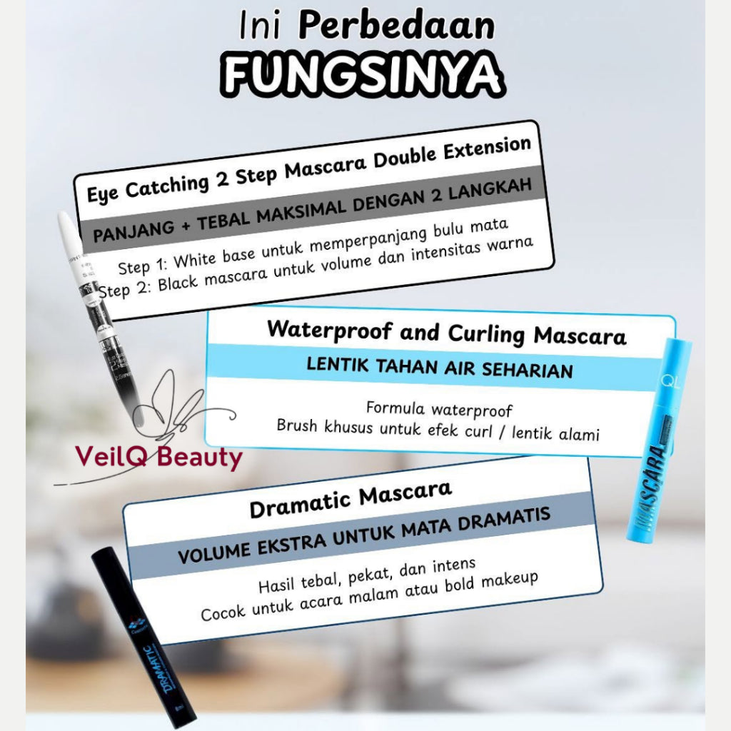 QL Eye Mascara Dramatic Eyeliner Eyebrow Waterproof Pencil Curling 2 Steps