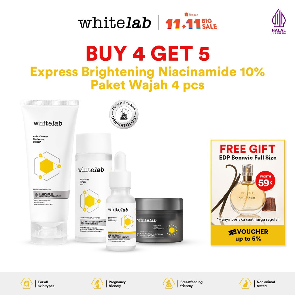 Whitelab Paket Wajah Brightening Niacinamide Facial Wash, Toner, Serum, Night Moisturizer - 4 pcs N-Dose+ 2.0 Skincare