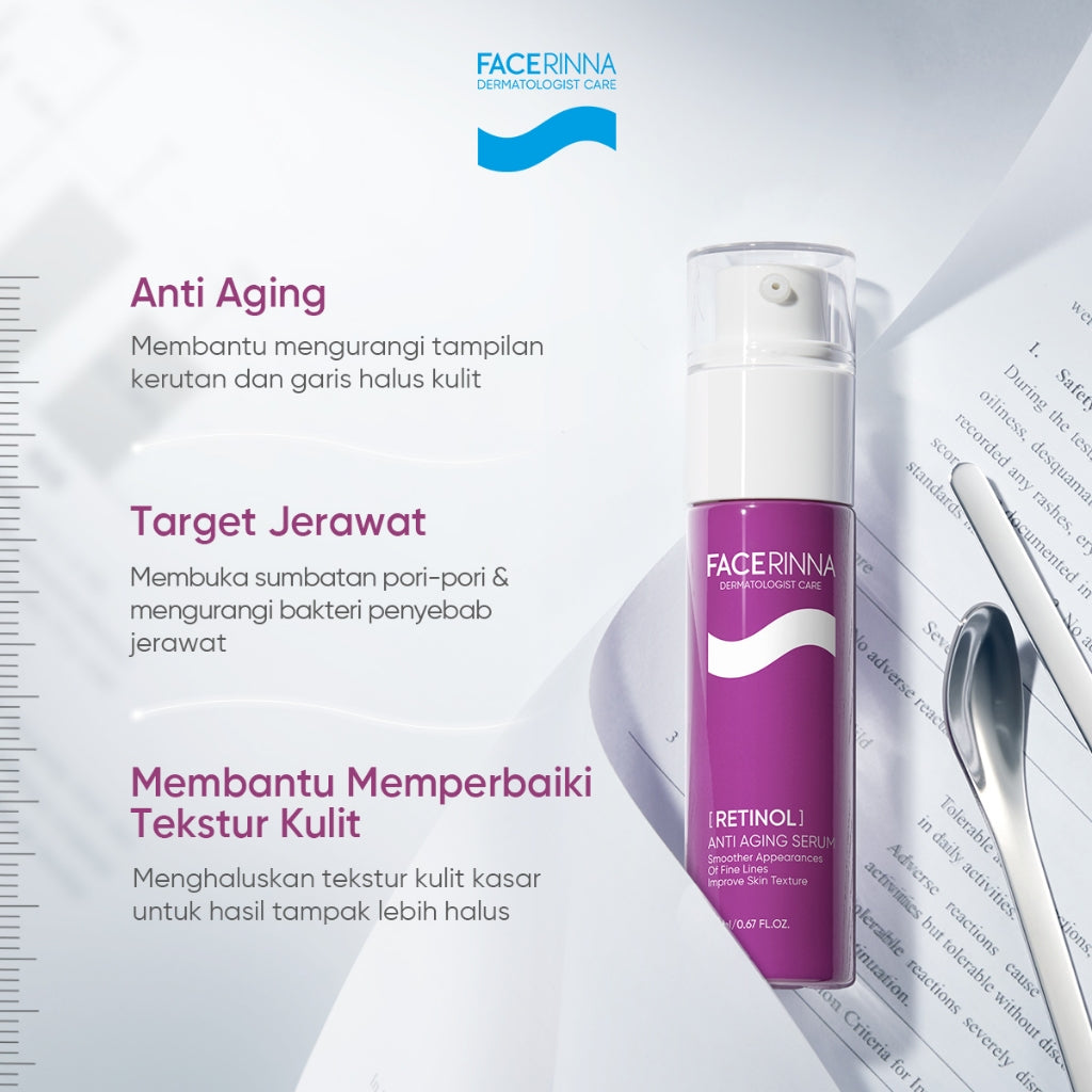 FACERINNA Retinol Anti Aging Serum 20ml | Skin Renewal Gentle Serum Retinoid Anti-Aging | Menghaluskan Tekstur Kulit Menyamarkan Garis Halus & Kerutan Meratakan Warna Kulit Merawat jerawat Mengurangi Kemerahan Merawat Kulit Berjerawat with Pure Retinol