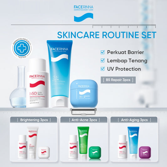 FACERINNA 3pcs Skincare Set | Moisturizer + Cleanser + Sunscreen | Low pH Gentle Panthenol Facial Wash B5 Repair Niacinamide Brightening Salicylic Acid Acne Control Menjaga Skin Barrier Menenangkan kulit kering Hydrating Brightening Exfoliating Sabun Muka