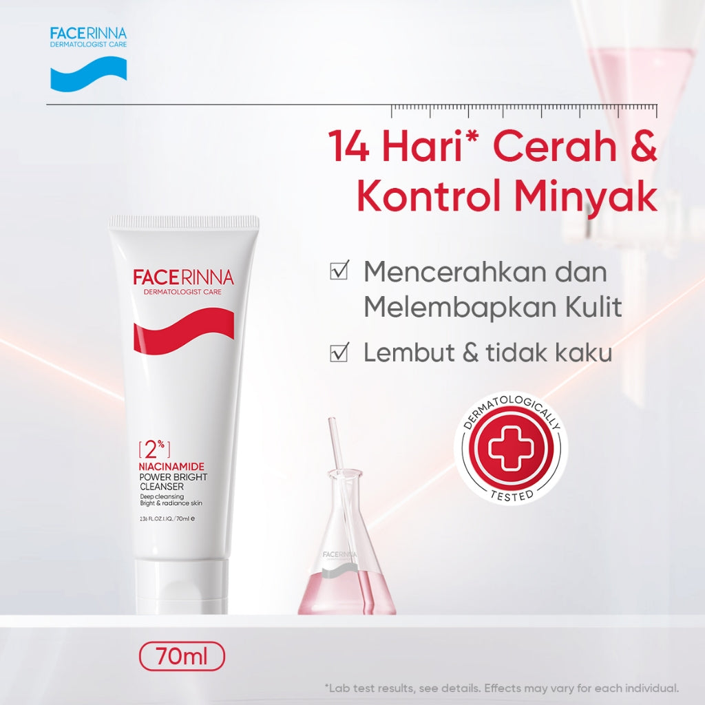 FACERINNA 2% Niacinamide Power Bright Cleanser 70ml / 120ml | Sabun Cuci Muka Mencerahkan Wajah Melembabkan kelembaban | Sabun Muka Pembersih Wajah Facial Wash Brightening Skincare Face Wash Glowing, Anti-Acne, Exfoliating | Gentle Amino Formula