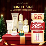 [FREE 2pcs Perfume] Glowsicha Bundle 6in1 (Facial Wash + Essence + Serum + Night Cream + Day Cream + Sunscreen) Skincare Lengkap Mencerahkan Melembabkan Wajah Glowing Cerah AHA Niacinamide Salmon DNA Collagen Toner Gel Krim Siang Malam