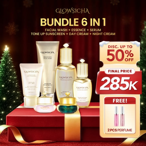 [FREE 2pcs Perfume] Glowsicha Bundle 6in1 (Facial Wash + Essence + Serum + Night Cream + Day Cream + Sunscreen) Skincare Lengkap Mencerahkan Melembabkan Wajah Glowing Cerah AHA Niacinamide Salmon DNA Collagen Toner Gel Krim Siang Malam