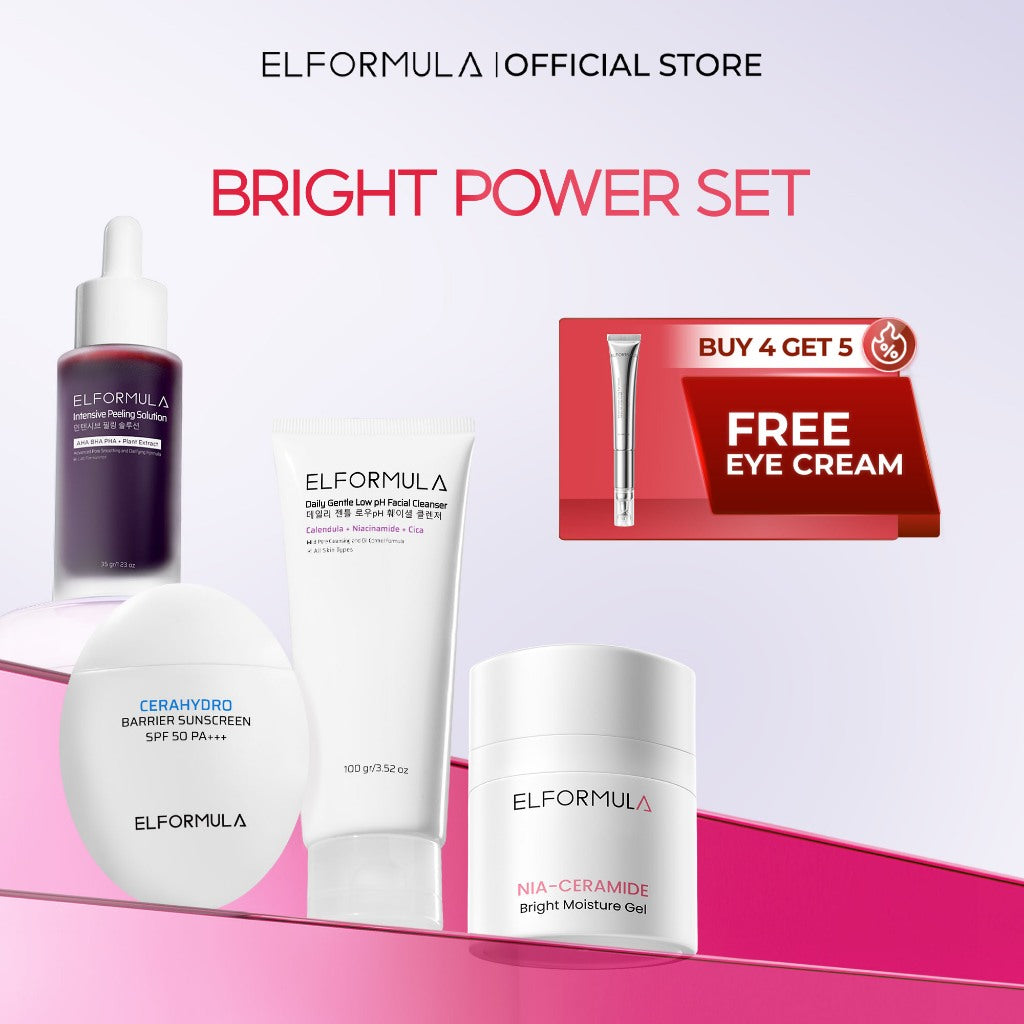 ELFORMULA Day & Night Bundle - Daily Gentle Low pH Facial Cleanser + CeraHydro Barrier Repair Moisture Gel + Intensive Peeling Solution + CeraHydro Barrier Repair Sunscreen SPF 50+++