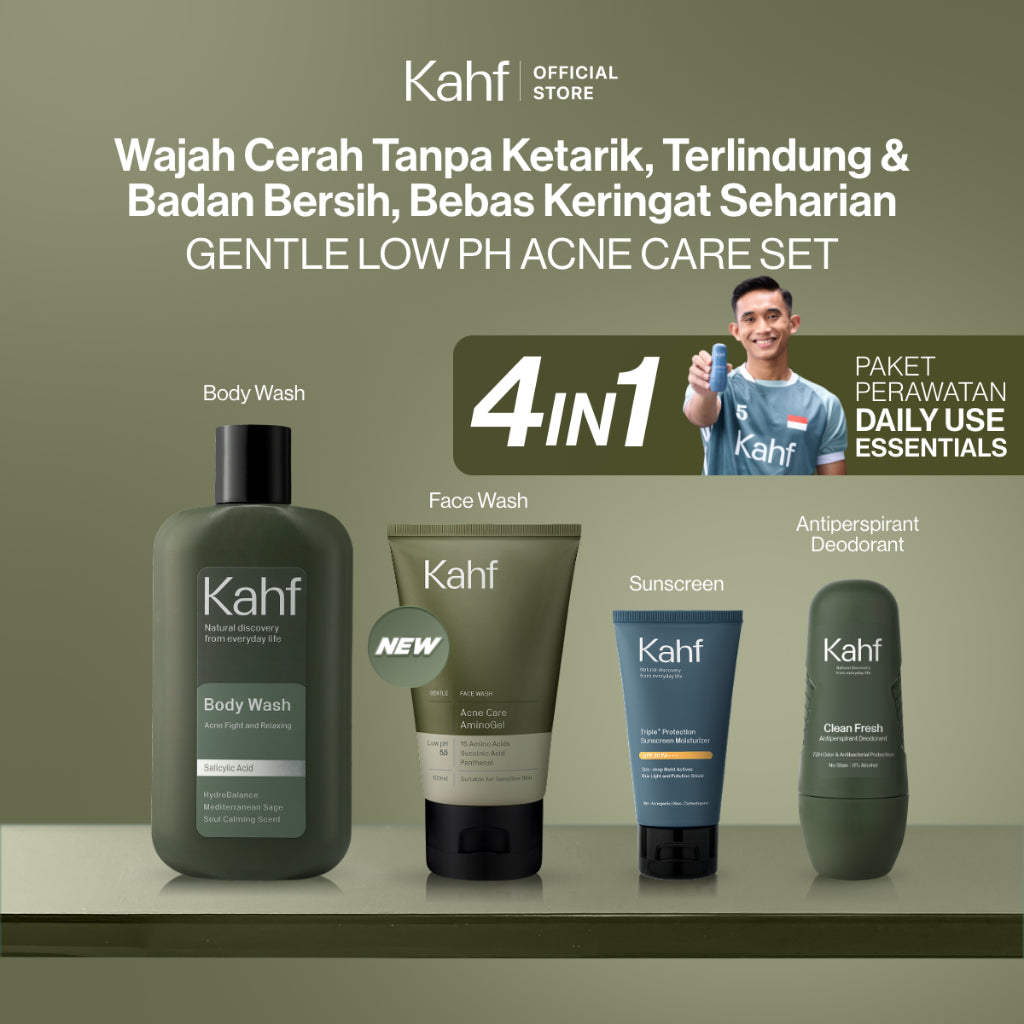 [SPECIAL 11.11 : KAHF BUNDLE 4IN1 PAKET PERAWATAN DAILY USE ESSENTIALS] Paket Personal Care (Face Wash + Sunscreen Moisturizer + Body Wash + Deodorant) - Wajah Cerah Tanpa Ketarik, Terlindungi, Badan Bersih, & Bebas Keringat - Suitable for Daily Use