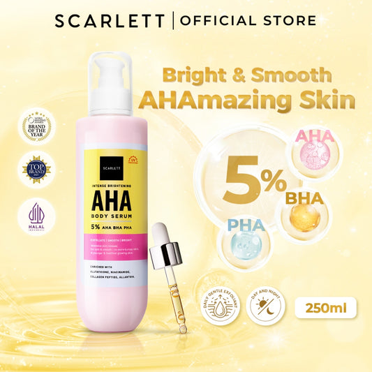 SCARLETT Intense Brightening AHA Body Serum 250ml | 5% AHA BHA PHA Mencerahkan Meratakan Warna Kulit Melembutkan Chicken Skin | Solusi untuk Kulit Belang