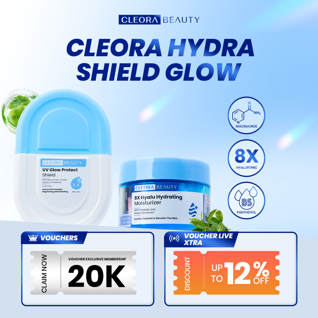 [ORDER NOW!HEMAT 45RB] Cleora Hydra Shield Glow - Skincare 8X Hyalu Moisturizer & UV Glow Protect Shield Sunscreen Wajah Wanita Pria With Niacinamide Brightening Whitening Mencerahkan Melembabkan Day Cream Membantu Melindungi Kulit Dari Sinar UVA & UVB