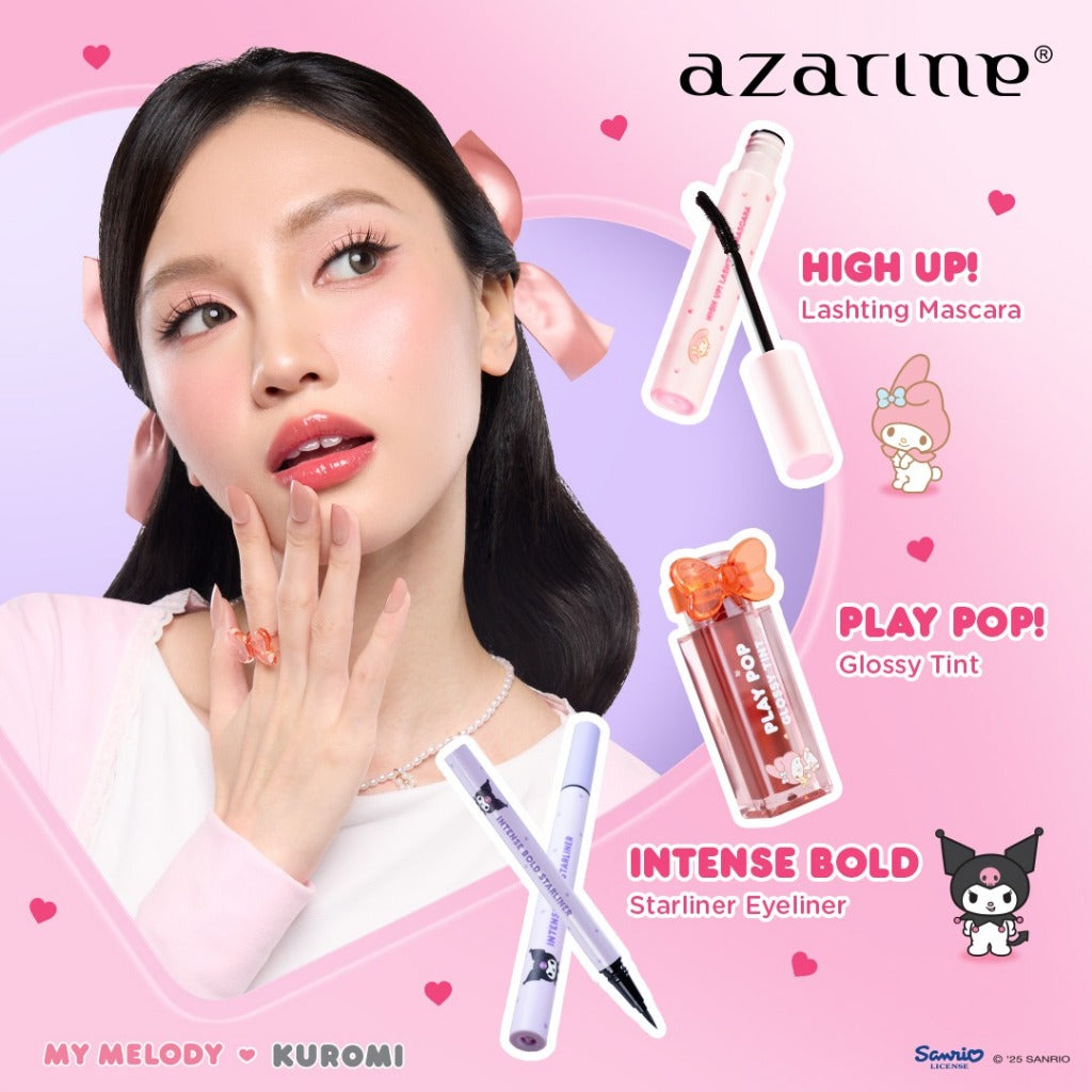 Azarine Line Lash Lips [3 PCS] High Up! Lashting Mascara Dual Finish Lash Lift Effect + Intense Bold Starliner Longlasting Waterproof + Play Pop Glossy Tint Liptint Glossy Tahan Lama