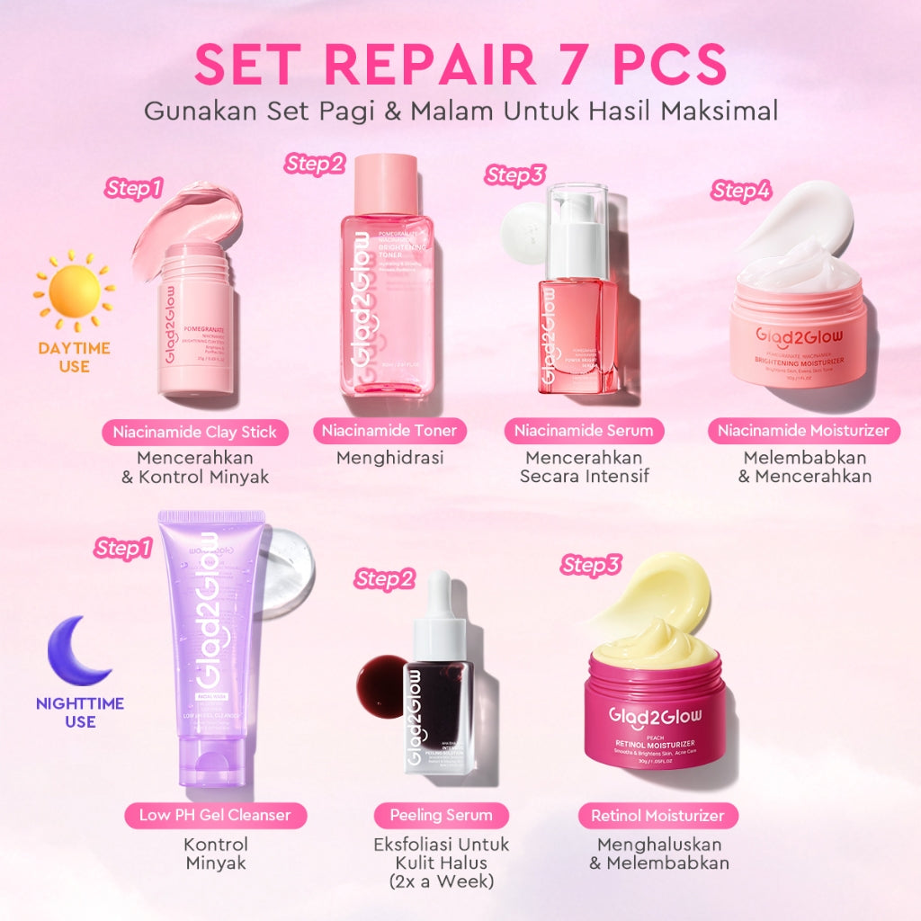 [Cocok Untuk Pemula] Glad2Glow Cerah Glowing Bundle all in 1 7in1-Brightening Moisturizer+Serum+Cleanser+toner+Peeling solution+Retinol 10%Niacinamide skincare paket pembersih perawatan kulit mencerahkan warna kulit pelembab wajah g2glow official store