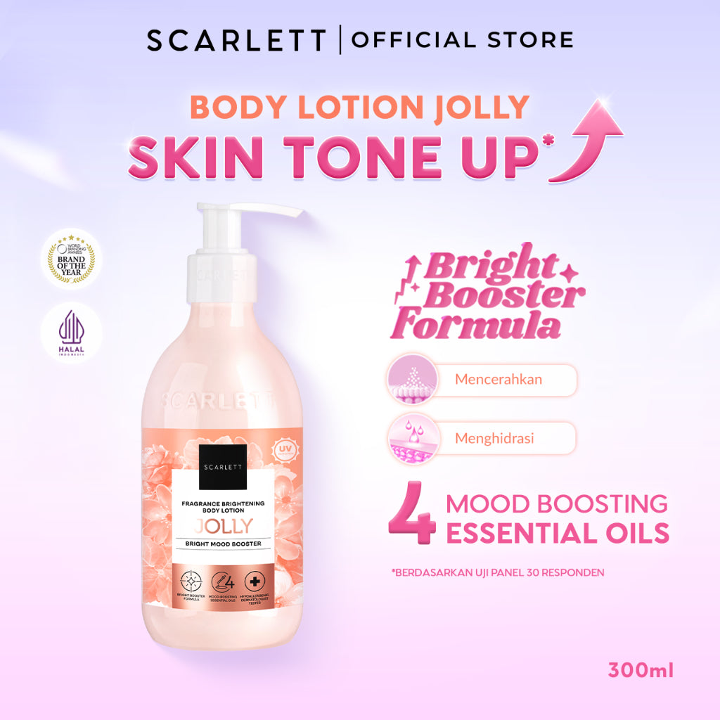 SCARLETT Fragrance Brightening Body Lotion Bright Mood Booster 300ml +4 Essential Oils 3X  Brightening Power | Solusi Untuk Kulit Kering | Menenangkan, Mencerahkan Kulit, Wangi Tahan Seharian