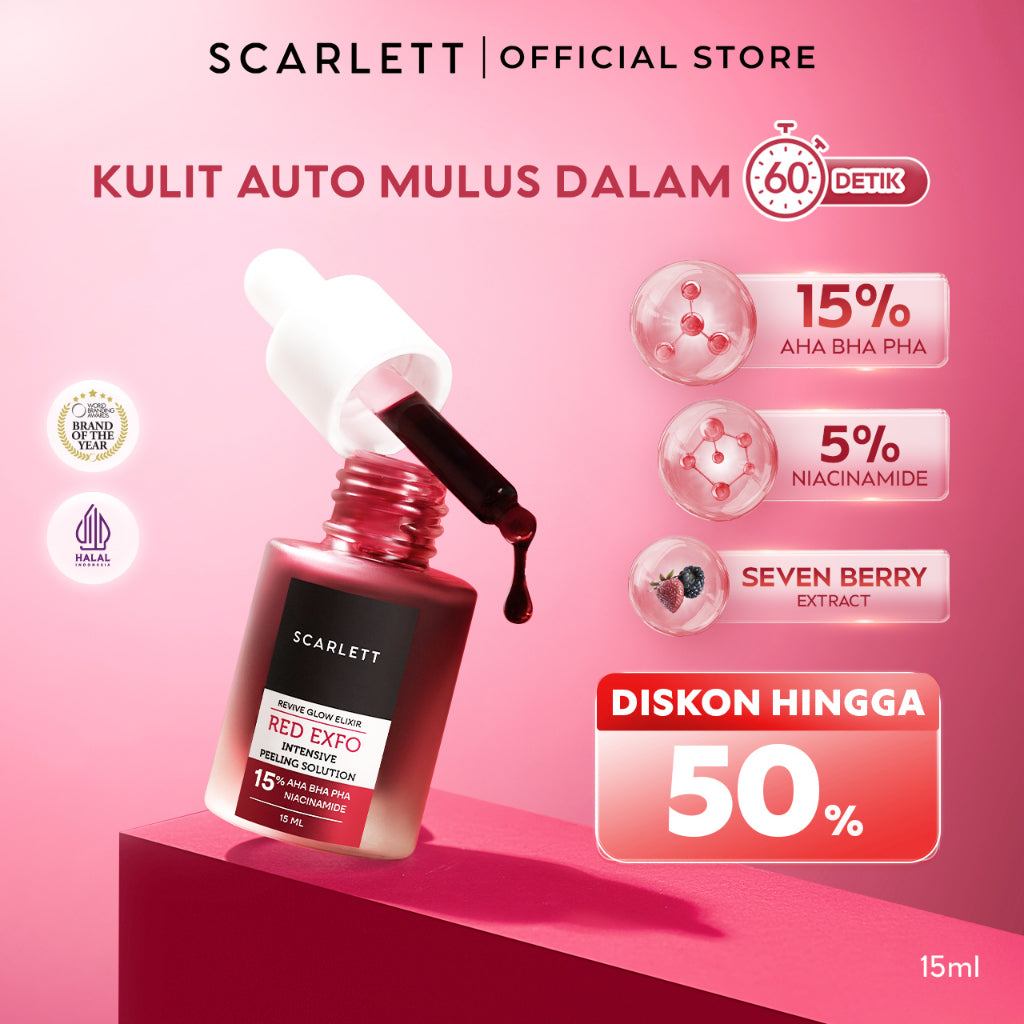SCARLETT Revive Glow Elixir Red Exfo Intensive Peeling Solution - Peeling Serum Eksfoliasi Wajah Mencerahkan dan Halus dalam 60 detik 15% AHA BHA PHA 5% Niacinamide