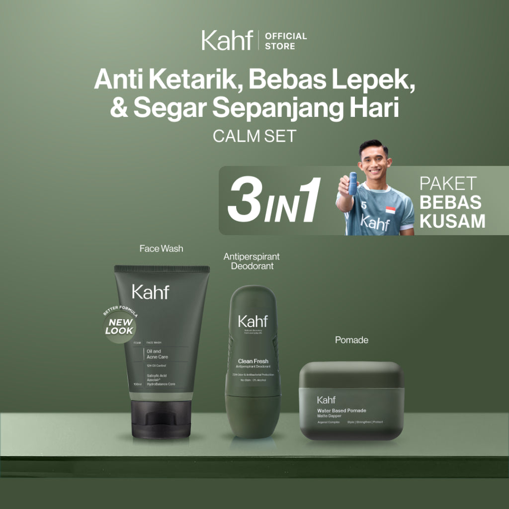 [CREATOR'S PICK - KAHF BUNDLE 3IN1 PAKET BEBAS KUSAM : ANTI KETARIK, BEBAS LEPEK, & SEGAR SEPANJANG HARI] Paket Grooming (Pomade/Hair Powder + Face Wash + Deodorant) - Approved by Barber and Suitable for Daily Use