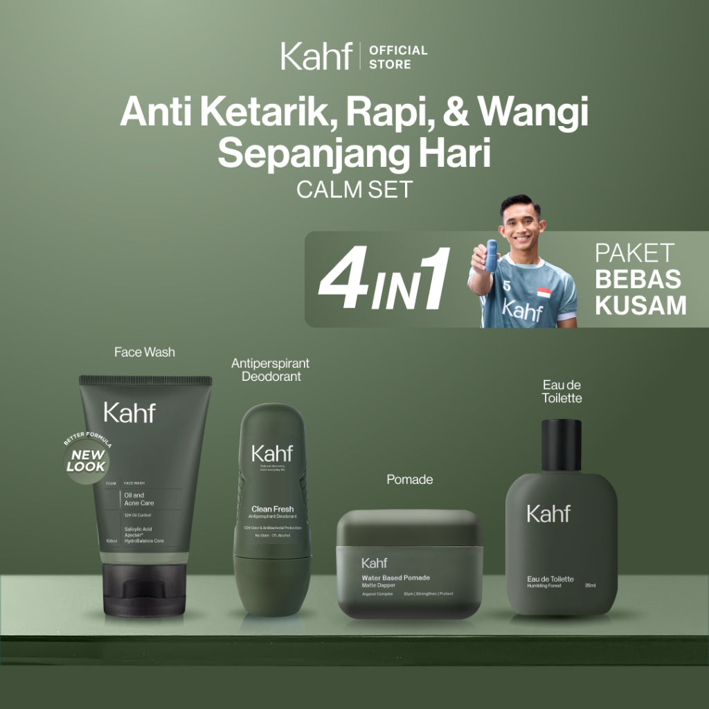 [KAHF BUNDLE 4IN1 PAKET BEBAS KUSAM : ANTI KETARIK, RAPI, & WANGI SEPANJANG HARI] Paket Grooming (Pomade/Hair Powder + Face Wash + Deodorant + Eau de Toilette) - Approved by Barber and Suitable for Daily Use
