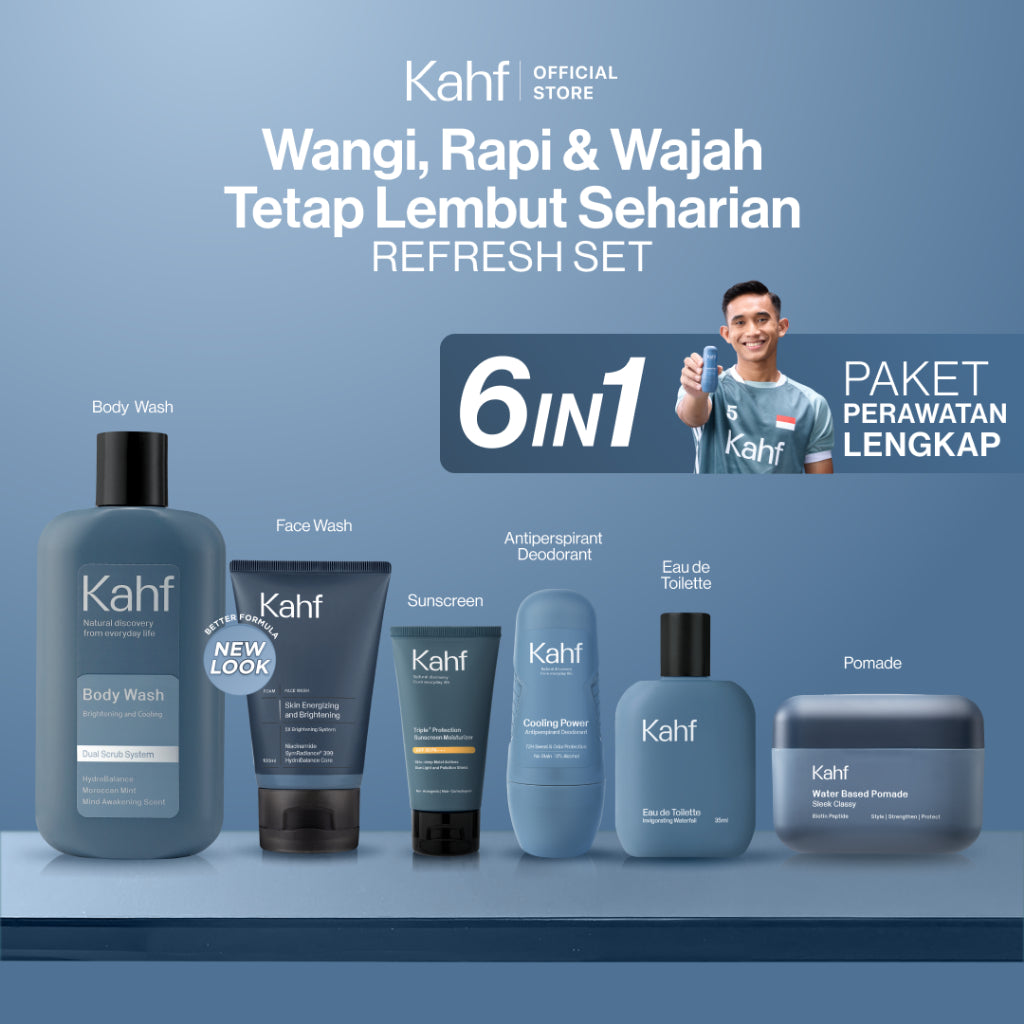 [KAHF BUNDLE 6IN1 PAKET PERAWATAN LENGKAP : WANGI, RAPI, & WAJAH TETAP LEMBUT SEHARIAN] Paket Complete Grooming (Face Wash + Sunscreen Moisturizer + Body Wash + Deodorant + EDT + Pomade/Hair Powder) - Approved by Barber and Suitable for Daily Use