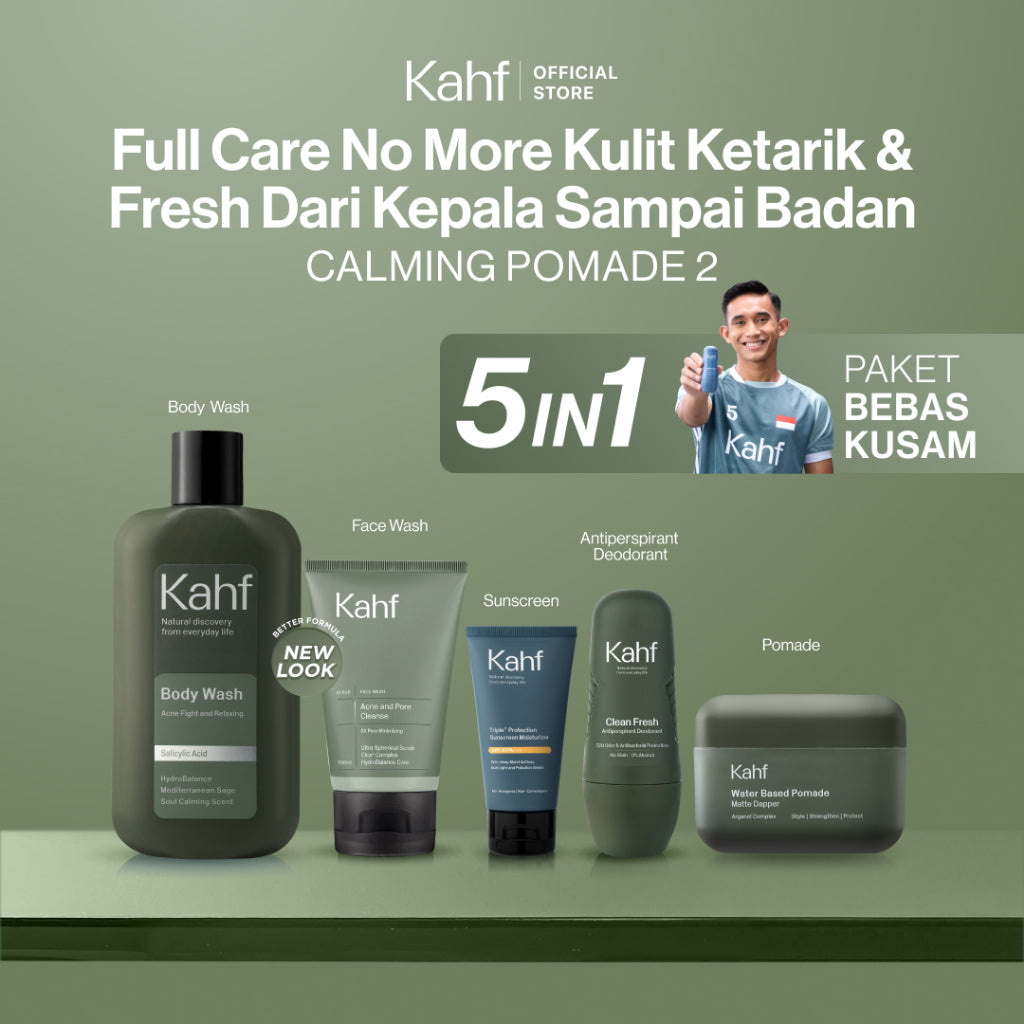 [KAHF BUNDLE 5IN1 PAKET BEBAS KUSAM : FULL CARE NO MORE KULIT KETARIK & FRESH DARI KEPALA SAMPAI BADAN] Paket Grooming (Pomade/Hair Powder + Face Wash + Sunscreen Moisturizer + Body Wash + Deodorant) - Suitable for Daily Use