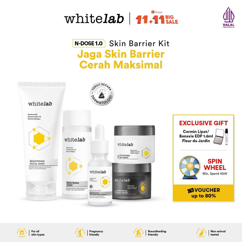 Whitelab Paket Wajah Brightening Niacinamide Facial Wash, Toner, Serum, Day & Night Moisturizer - 5 pcs N-Dose+ 2.0 Skincare