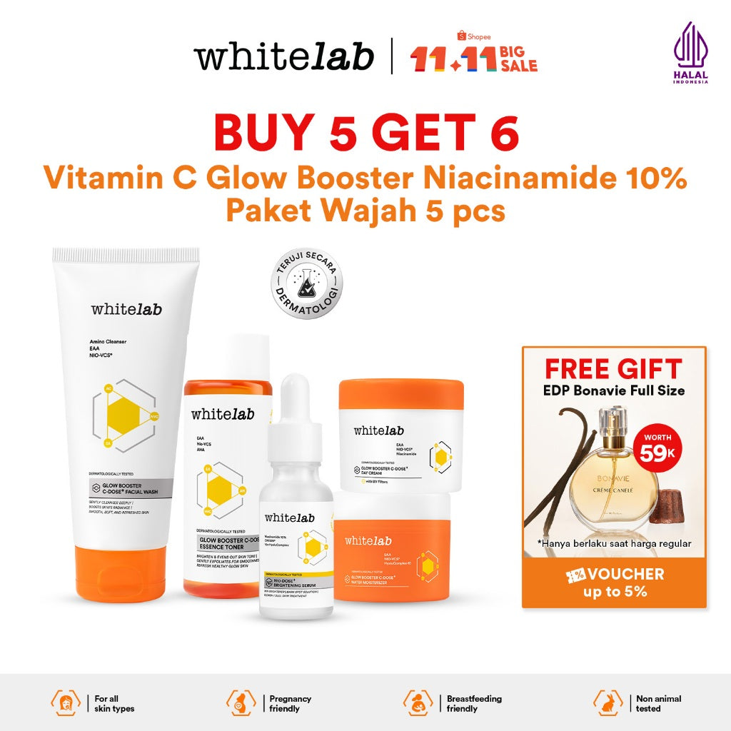 Whitelab 5 pcs Glow Booster C-Dose+ Brightening Paket Wajah - Facial Wash, Toner, Serum, with Day Cream & Moisturizer Paket Skincare