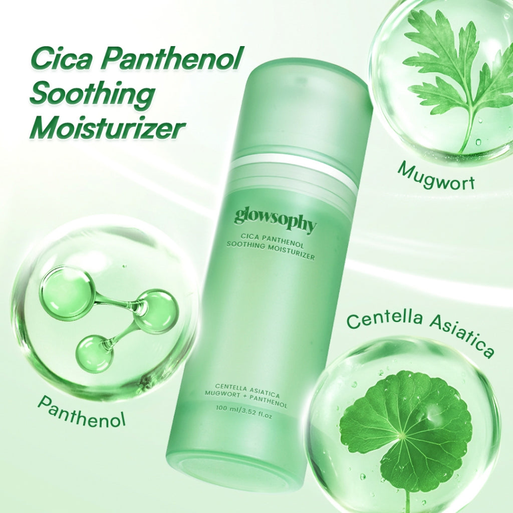 Glowsophy CICA Panthenol Soothing Moisturizer Gel 100ml - Pelembab Wajah Ringan Kulit Berjerawat & Sensitif untuk Membantu Menenangkan dan Meredakan Jerawat Kemerahan dengan sensasi Calming Pengontrol Minyak  Krim Anti Jerawat