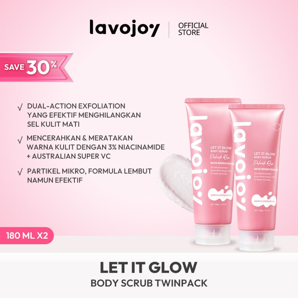 [NEW LAUNCH] Lavojoy Let It Glow Body Scrub DELICATE ROSE 180ML | Body Scrub Untuk Mencerahkan & Meratakan Warna Kulit Dengan 3% Niacinamide + Australian Super VC | Dual-Action Exfoliation Menghasilkan Kulit Yang Lebih Halus Dan Lembut