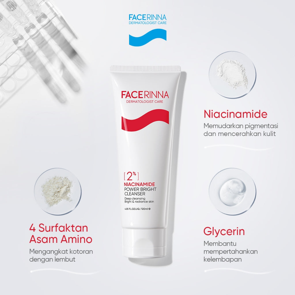 FACERINNA 2% Niacinamide Power Bright Cleanser 70ml / 120ml | Sabun Cuci Muka Mencerahkan Wajah Melembabkan kelembaban | Sabun Muka Pembersih Wajah Facial Wash Brightening Skincare Face Wash Glowing, Anti-Acne, Exfoliating | Gentle Amino Formula