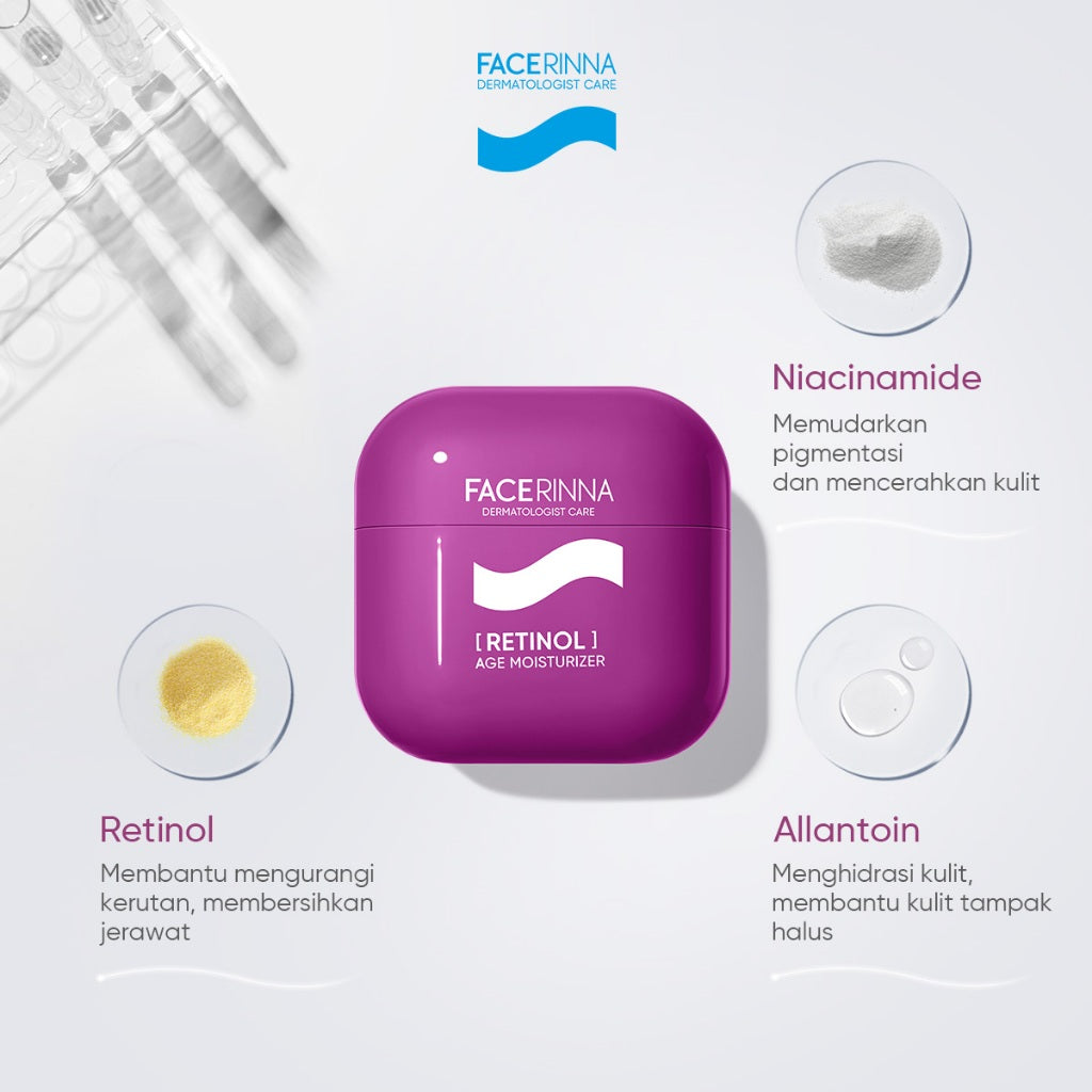 FACERINNA Retinol Anti-Aging Moisturizer | Kerutan Memudarkan Garis Halus Meratakan Warna Kulit Menghaluskan Tekstur Kulit Mencerahkan Flek Hitam Melembapkan Menjaga Elastisitas Kulit Membantu Regenerasi Kulit Menghidrasi Kulit Kering Skincare BPOM